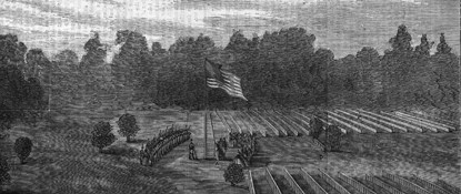 Historic newspaper illustration showing Clara Barton raising the American Flag over the National Cemetery.