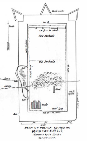 Historic drawing of prison complex showing walls, earthworks, and other features