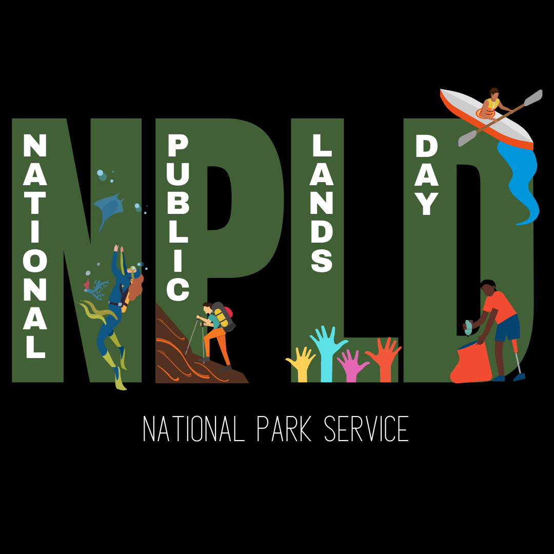 Green lettering NPLD with images in letters and wording "National Public Lands Day National Park Service."