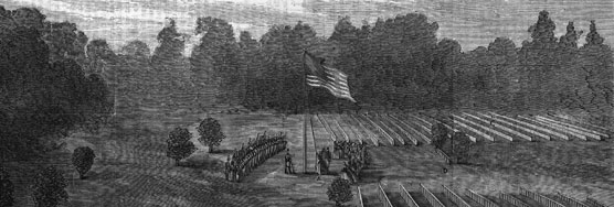 Historic newspaper image of raising a flag in a cemetery.