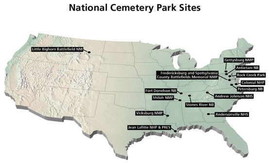 Map of the United States showing National Cemeteries