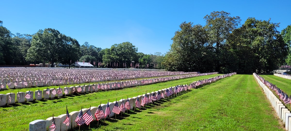 American flags lining graves in Andersonville National Cemetery