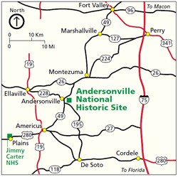 Area map showing roads and communities in the vicinity of Andersonville National Historic Site