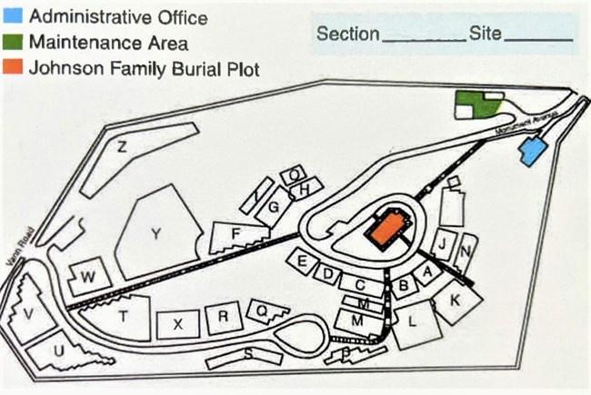 Cemetery map with lettered sections