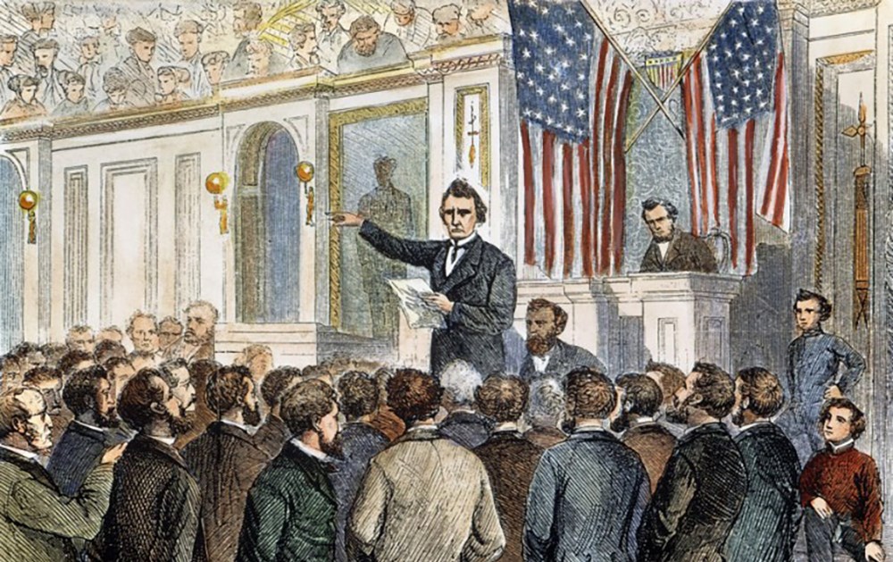 Thaddeus Stevens reads Johnson's impeachment announcement before a group of standing Senators