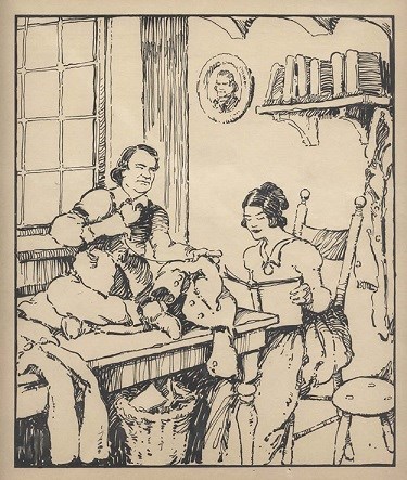 Andrew Jonson sews on tailor table while Eliza reads to him