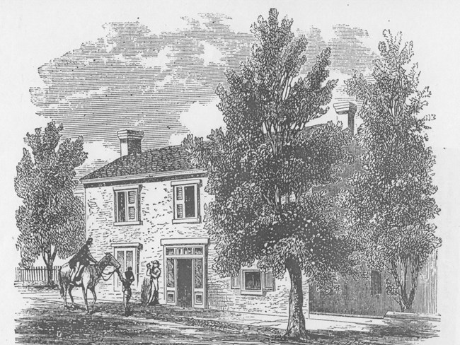 Homestead drawing from newspaper with trees and horse and rider