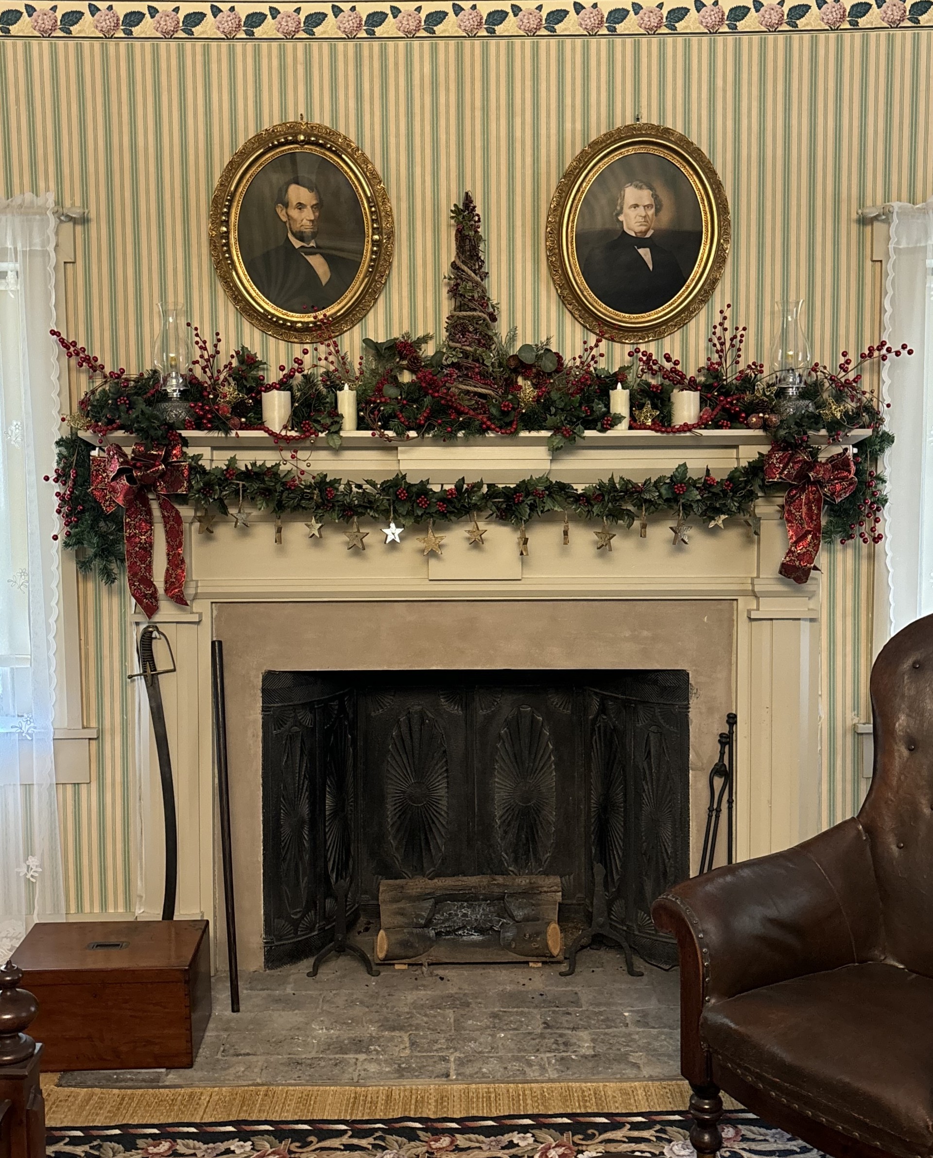 Johnson's mantel with red decorations