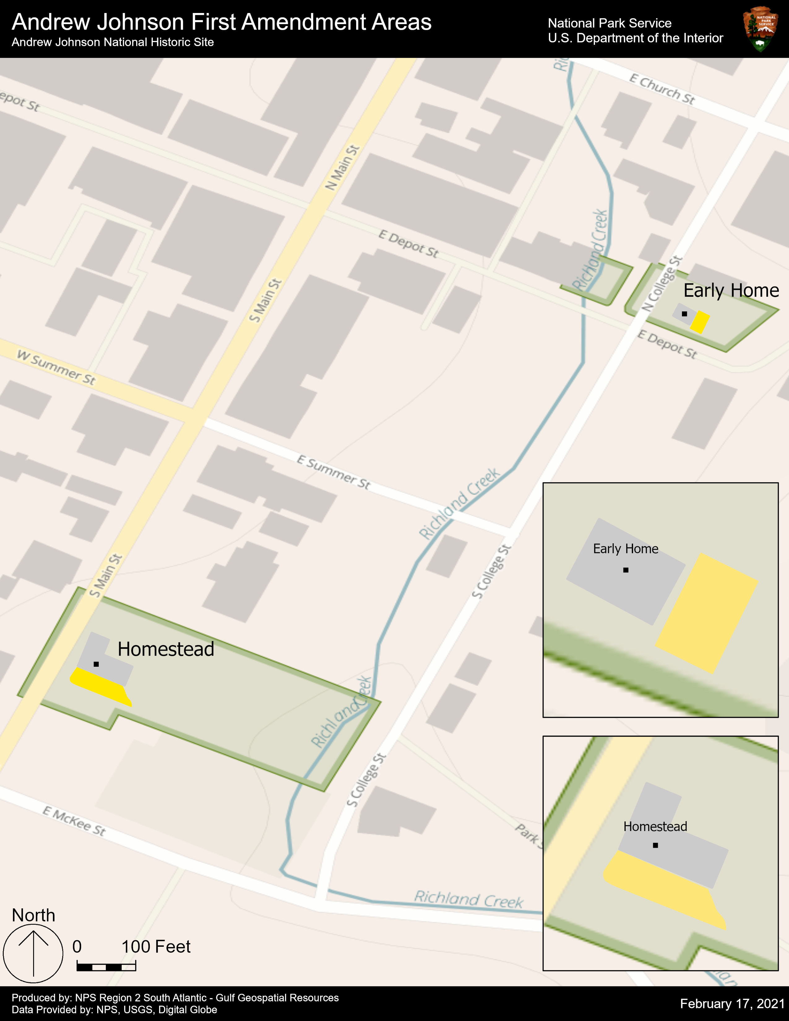 Map showing Andrew Johnson NHS 1st Amendment areas