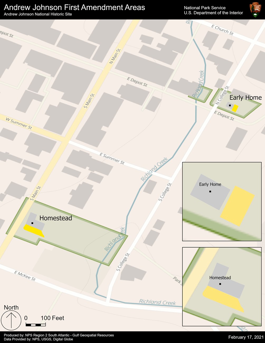 Map showing Andrew Johnson NHS 1st Amendment areas