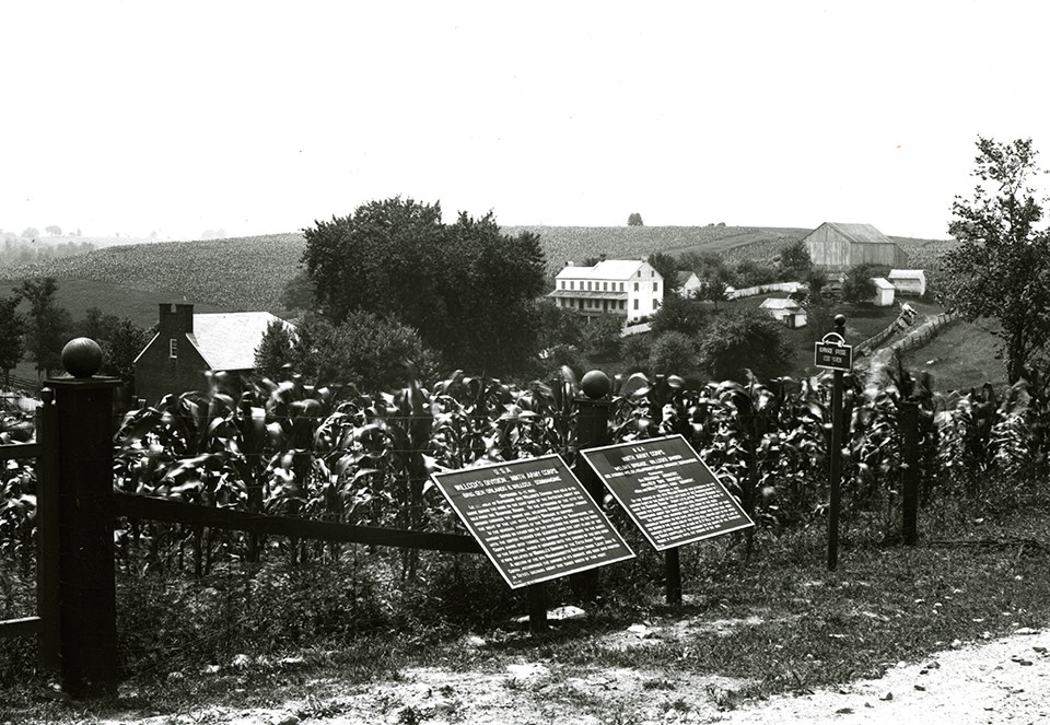 Shows War Department tablets along the park tour road near the Otto and Sherrick farms.