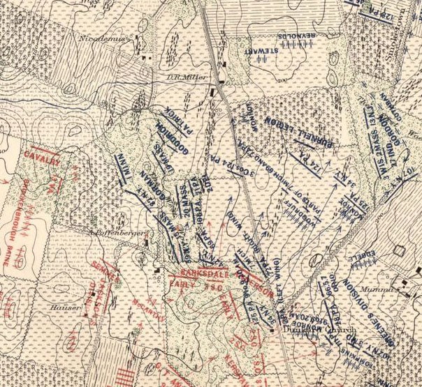 Historic map with red and blue markings