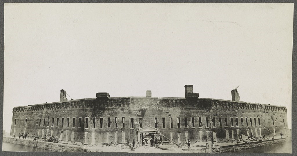 Image of Fort Sumter after the 1861 bombardment showing that the fort is still relatively intact.
