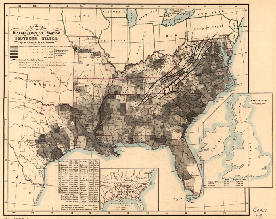 Map showing the distribution of slaves in the Southern States