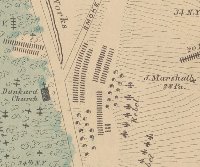map showing graves on antietam battlefield