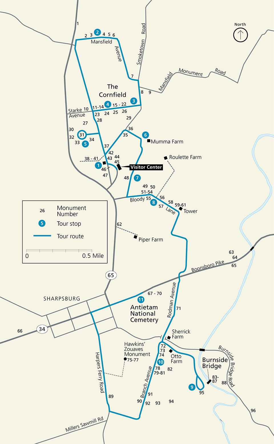 Map showing the location of ninety six monuments at Antietam National Battlefield
