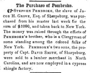 Newspaper article about Stephen Pembroke's freedom being purchased