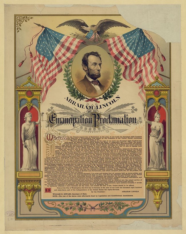 Colored image of Lincoln and the Emancipation Proclamation