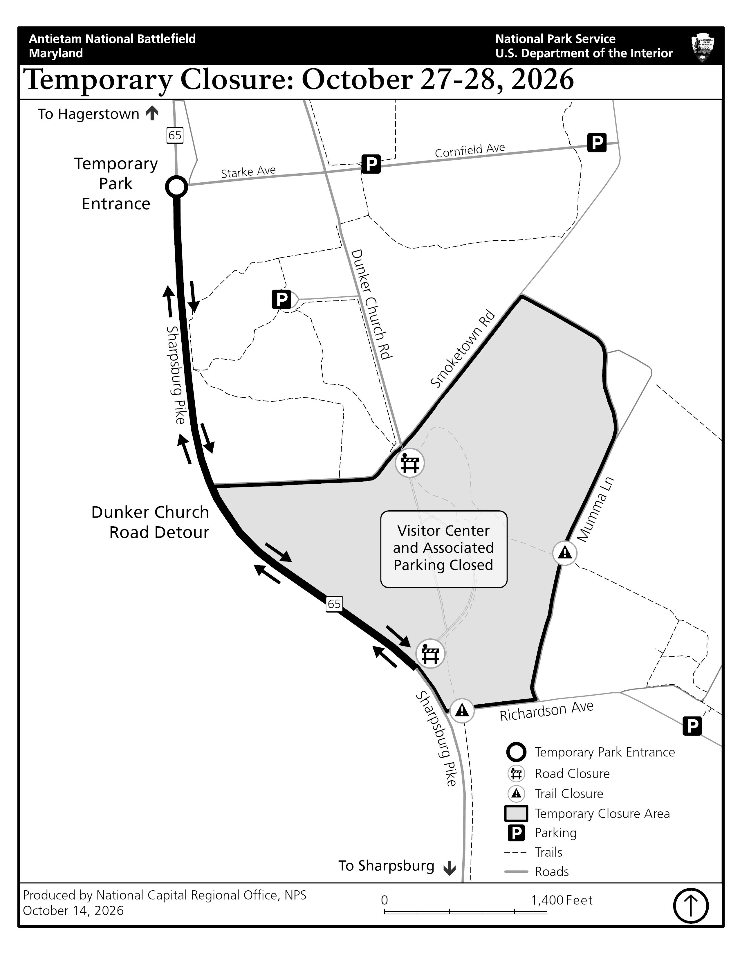 Map of Antietam National Battlefield showing a temporary closure on October 27-28, 2026. A shaded closure area includes the Visitor Center, associated parking, portions of Smoketown Road, Mumma Lane, and nearby trails.