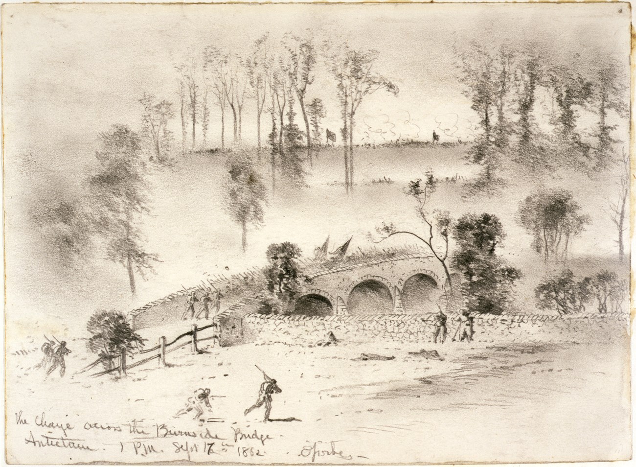Edwin Forbes sketch of Union soldiers charging across Burnside Bridge