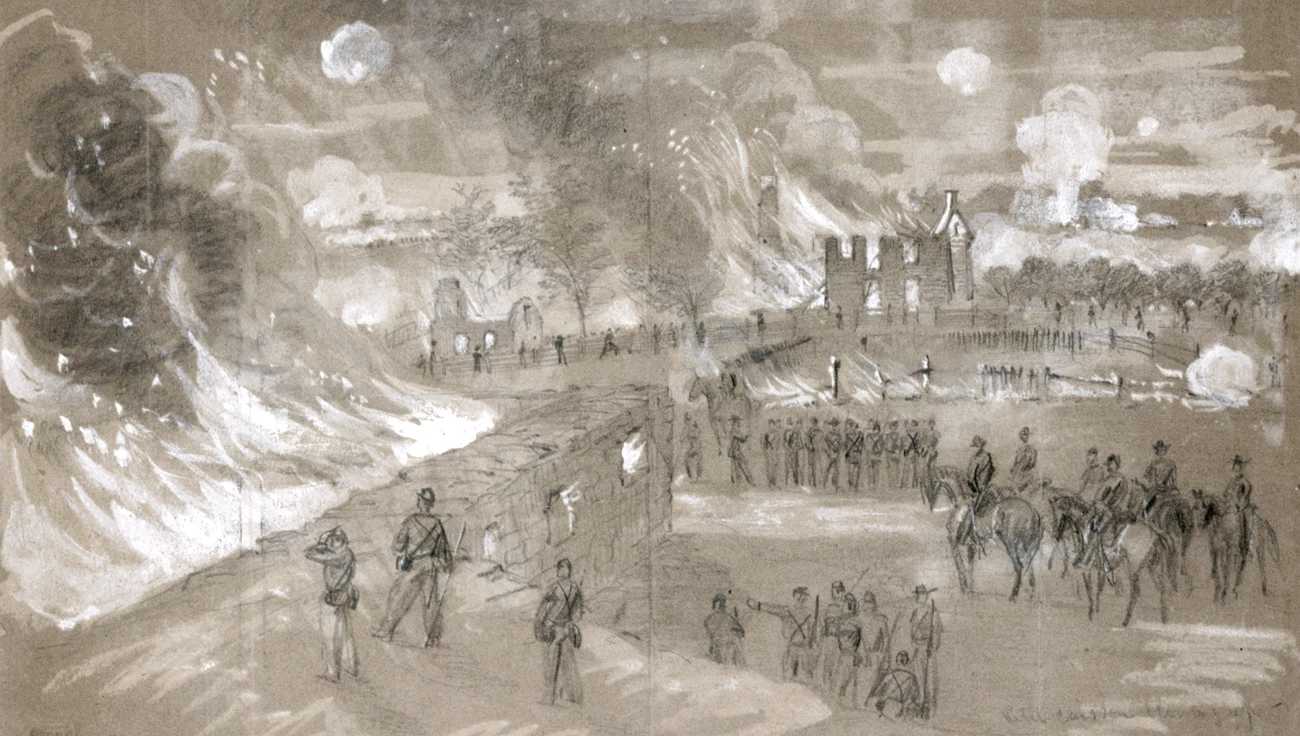 Sketch of the Mumma Farm burning Sketch of the Mumma Farm burning
