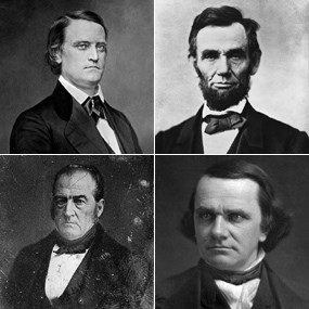 1860 Presidential candidates, top row, John Breckinridge and Abraham Lincoln, bottom row, John Bell and Stephen A. Douglas. 1860 Presidential candidates, top row, John Breckinridge and Abraham Lincoln, bottom row, John Bell and Stephen A. Douglas.