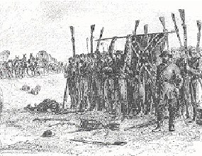 black and white hand drawn sketch showing a group of uniformed men holding up weapons and flag in surrender