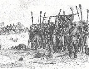 black and white hand drawn sketch showing a group of uniformed men holding up weapons and flag in surrender black and white hand drawn sketch showing a group of uniformed men holding up weapons and flag in surrender