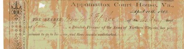 A parole pass printed at Appomattox Court House.