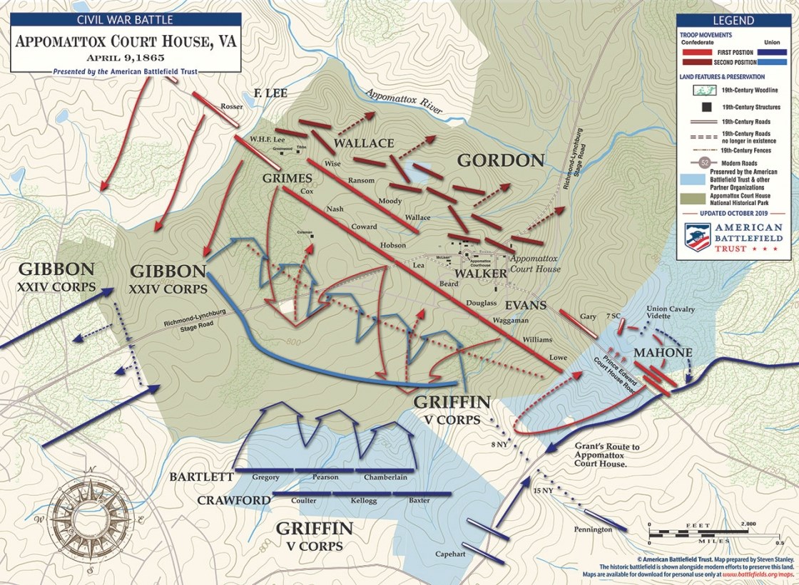 Map showing the locations of armies during the Battle of Appomattox Court House