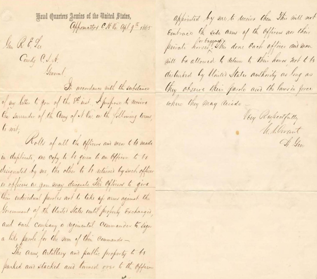 Handwritten letter describing the terms of surrender of the Army of Northern Virginia