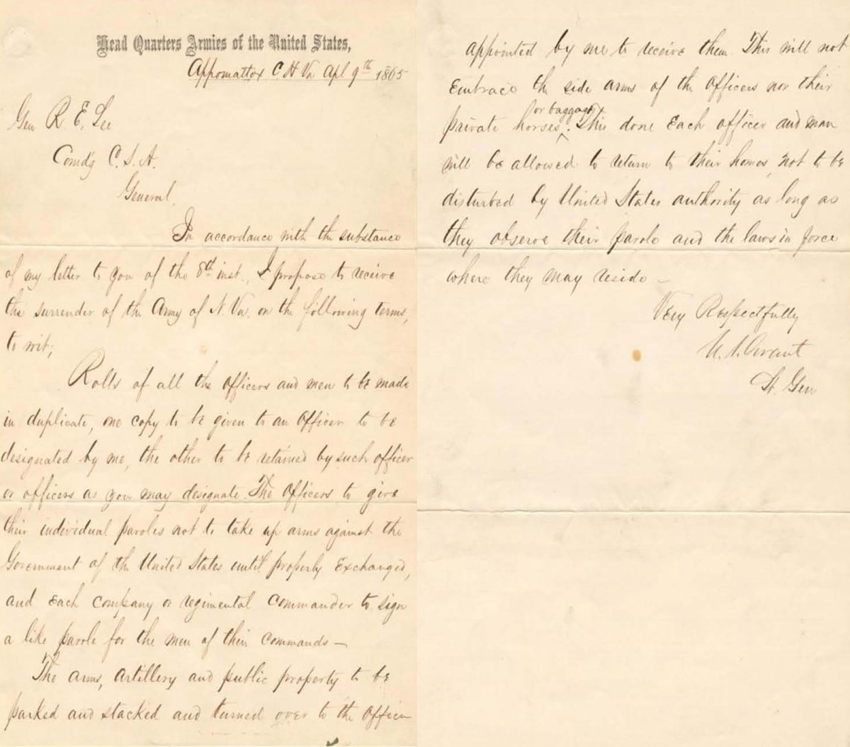 Handwritten letter describing the terms of surrender of the Army of Northern Virginia