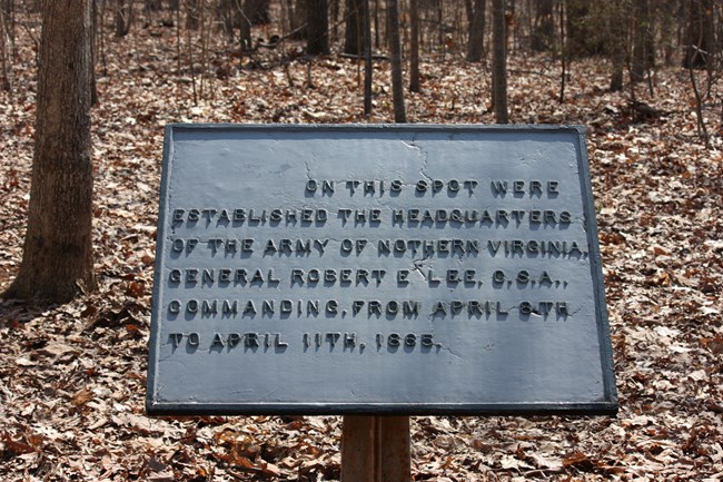 Sign marking the spot in the woods where General Lee established his headquarters