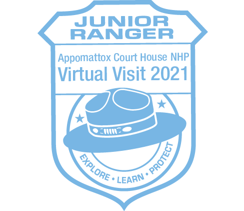 Blue badge outline with Ranger hat inside and text that reads, "Junior Ranger: Appomattox Court House Virtual Visit 2021."