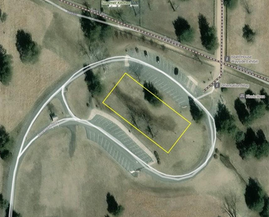 Map highlighting the main visitor parking lot first amendment area.