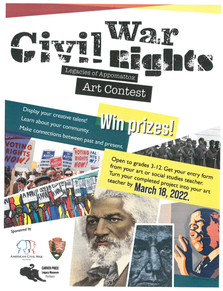 Art Contest Poster Colorful poster with bright images of prominent African American leaders and groups of Black soldiers and protesting citizens.