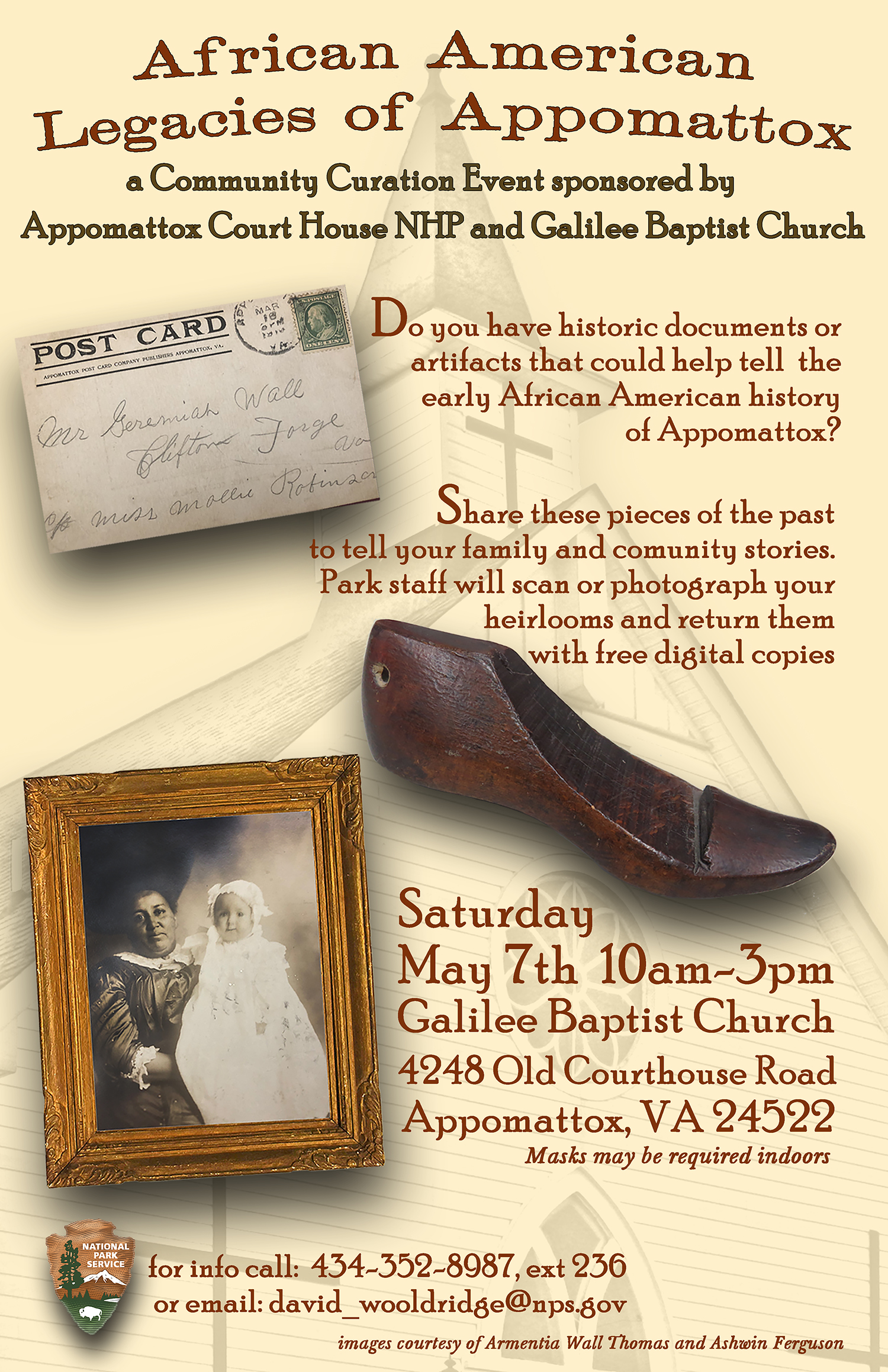 curation event poster family heirloom artifacts shown against a tan background with text describing the upcoming curation event