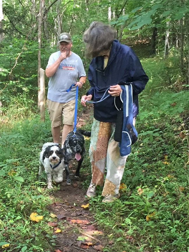 Two visitors walking their dogs within the park