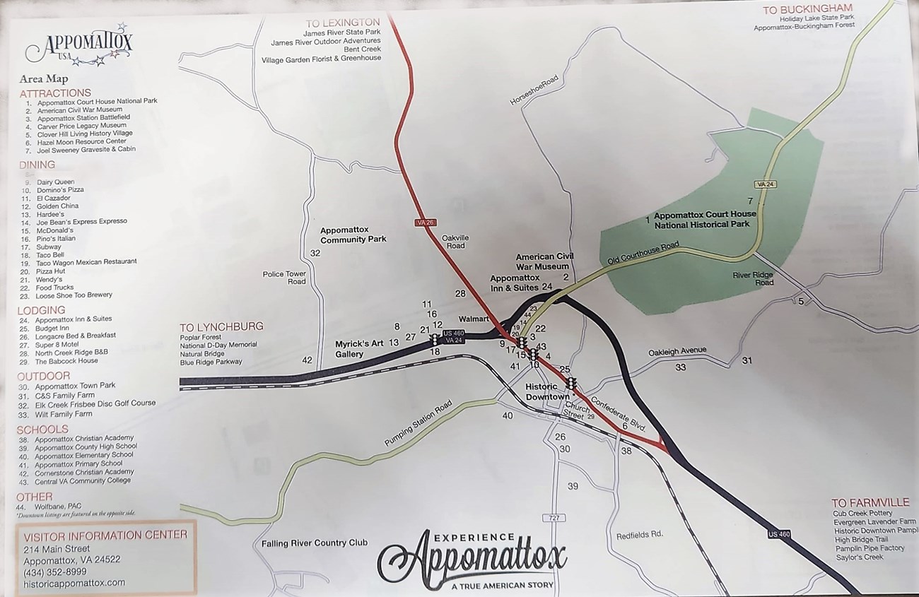 Map of Appomattox, VA with places to eat and dine