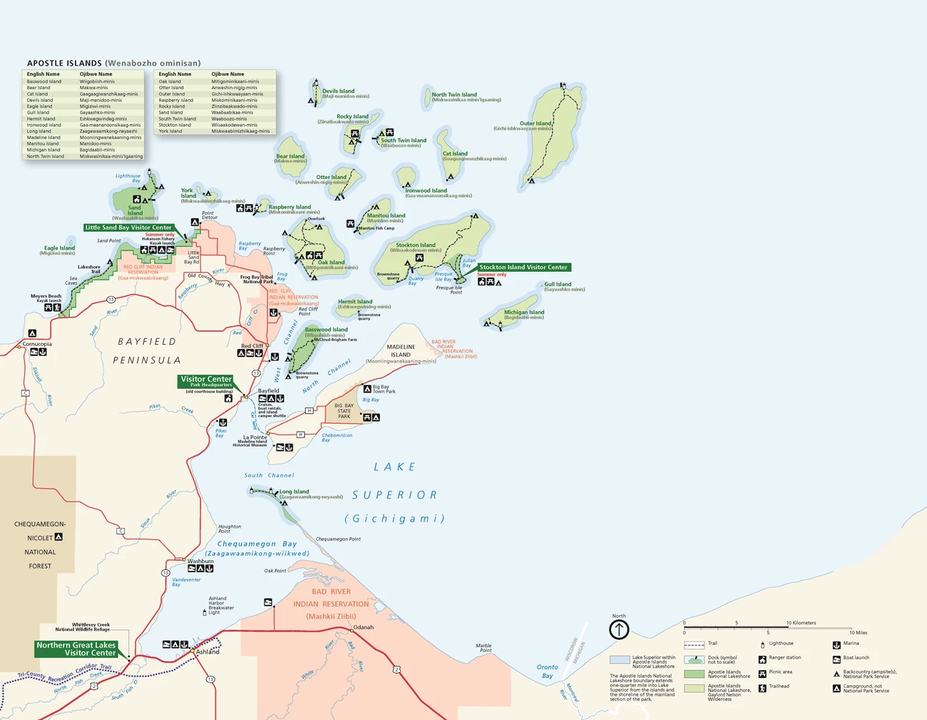 APIS Park Map 2020 Map of the Apostle Islands National Lakeshore with Ojibwe place names.