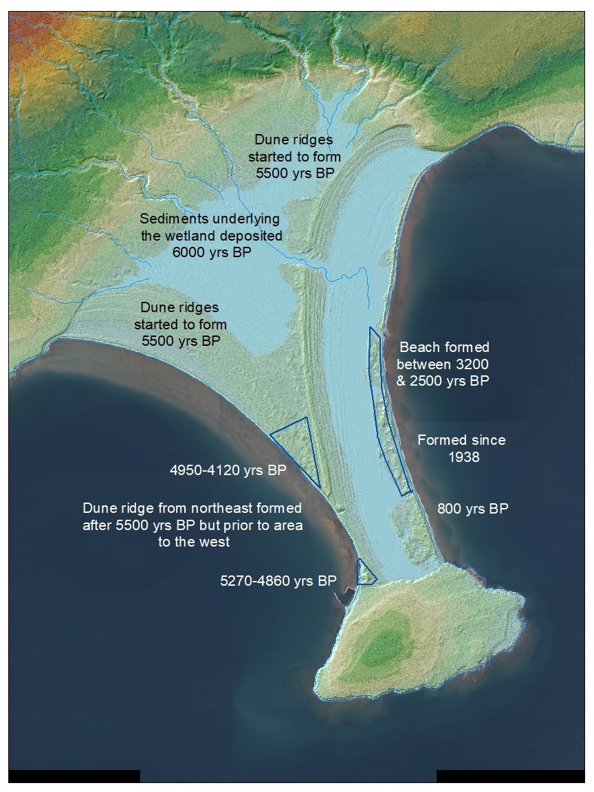 Map of the tombolo with formation dates in designated areas as described in the article.