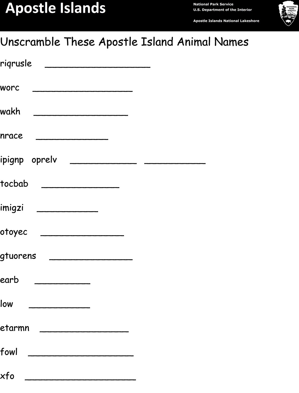 Photo of the word scramble activity sheet.