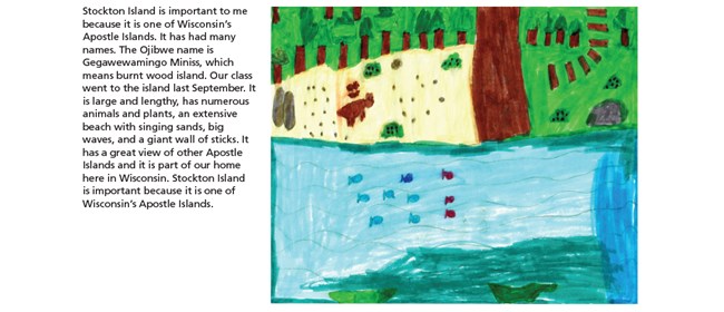 Child's drawing of water with fish and a forest with a bear.