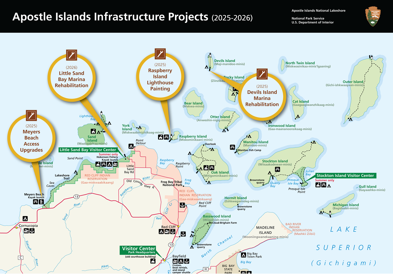 Map of Apostle Islands showing callouts where infrastructure projects are taking place in 2025 and 2026.