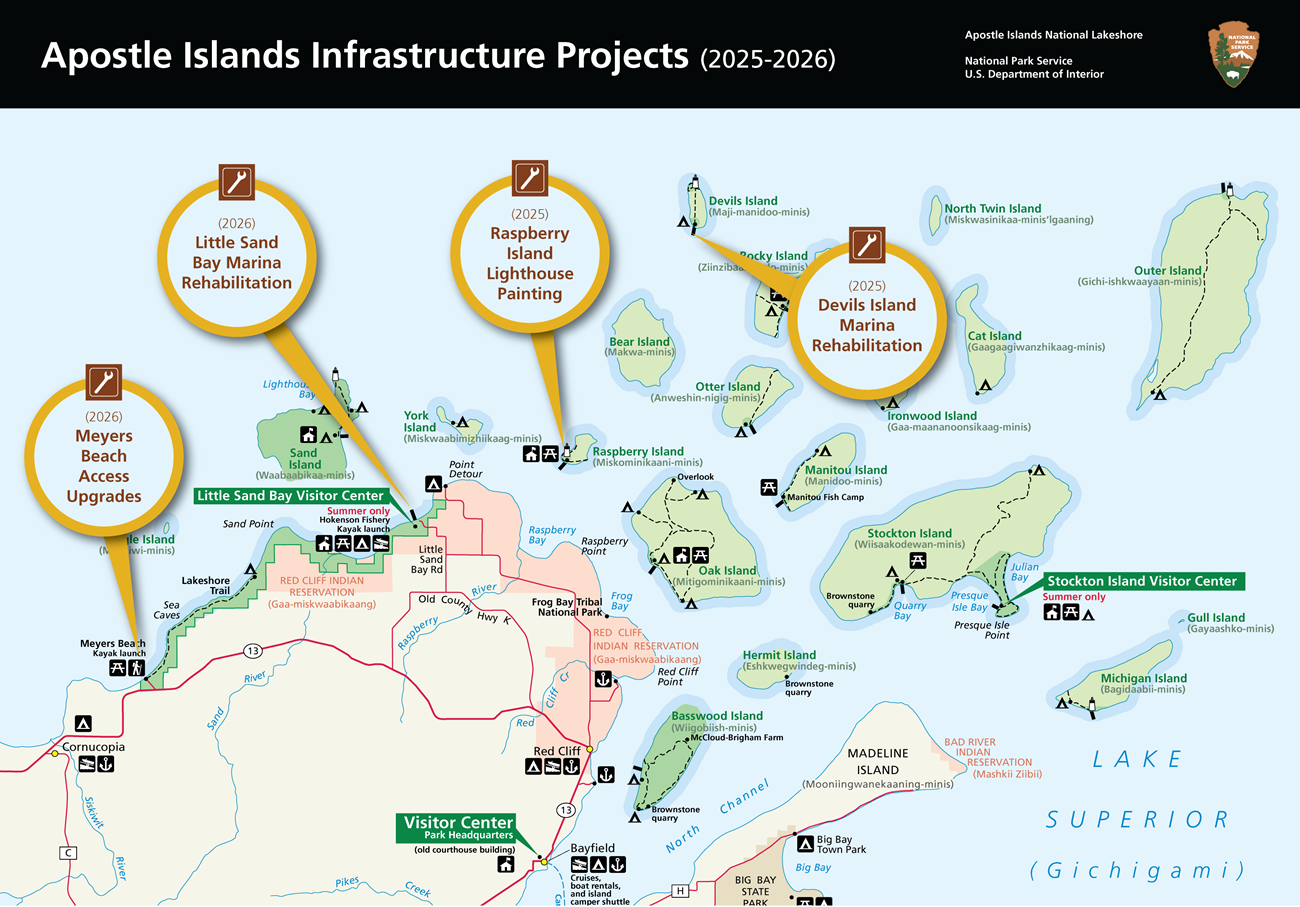 Map of Apostle Islands showing callouts where infrastructure projects are taking place in 2025 and 2026.