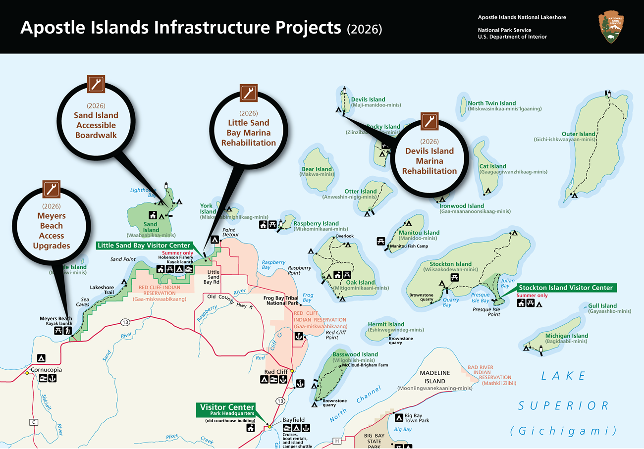 Map of Apostle Islands with callouts showing locations of infrastructure projects.