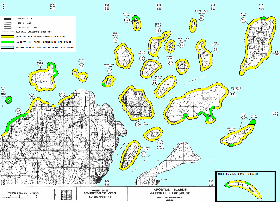 aerial view of islands highlighted in yellow showing designated waterskiing areas