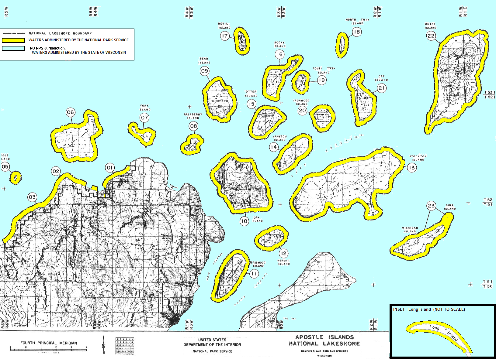 aerial view of islands highlighted in yellow showing waters under the jurisdiction of the NPS