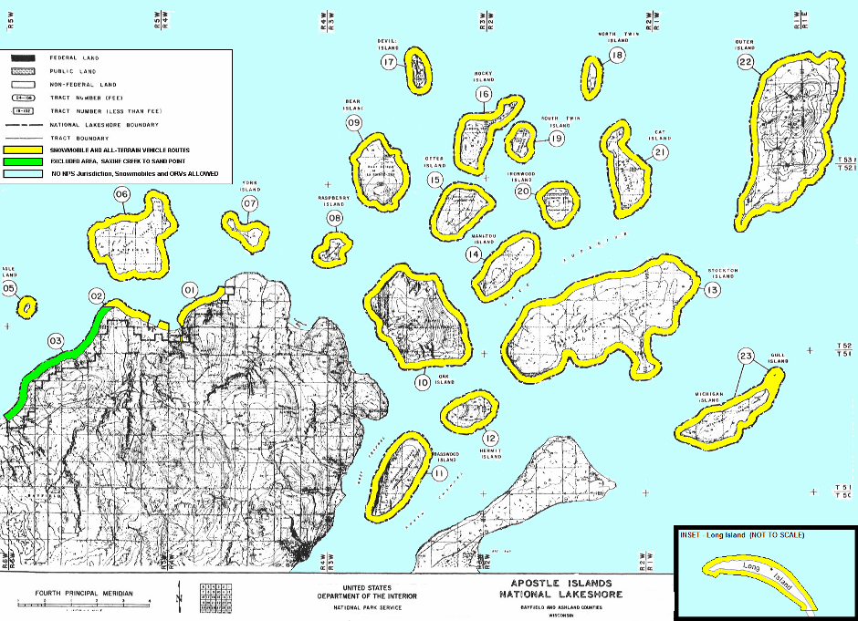 an aerial veiw of islands highlighted in yellow to show snowmobile areas