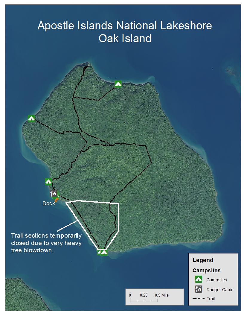 Oak Island Blowdown 2021 A map of Oak Island showing the closed trails as described in the text.